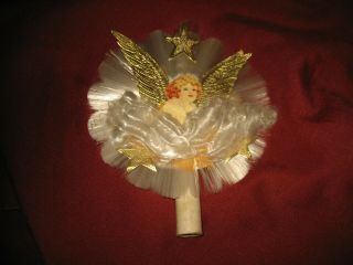 Vintage 50s Spun Glass Angel Christmas Tree Topper With Golden Foil Wings