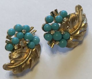 Vintage Crown Trifari Signed Turquoise & Clear Rhinestone Earrings