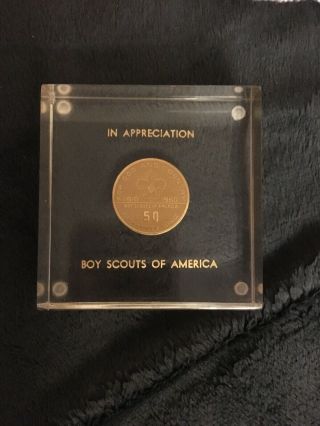 Boys Scouts 1910 - 1960 50 Years Of Service Coin In Lucite Block