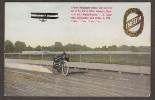 1910 Emblem Motorcycle Beats The Flying Machine Advertising Postcard Ohio