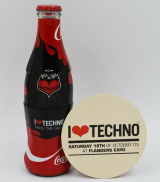 Full I Love Techno Coca Cola Bottle & Coaster 18 Oct 2003 Flanders Expo Belgium