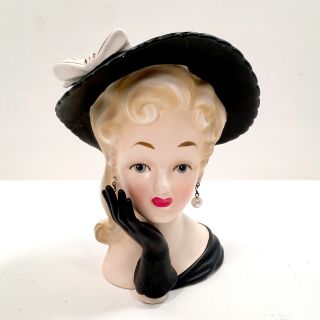 1950s Relpo 7 " Lady Head Vase K1406 W/ Earrings Vintage Black Dress Black Hat