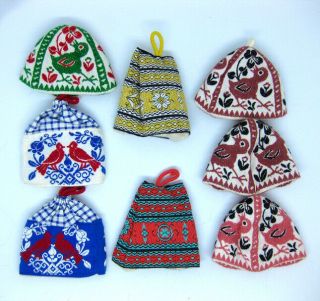 Set 8 Vintage Various Embroidered Scandi Folk Art Fabric Egg Cozies Scandinavian