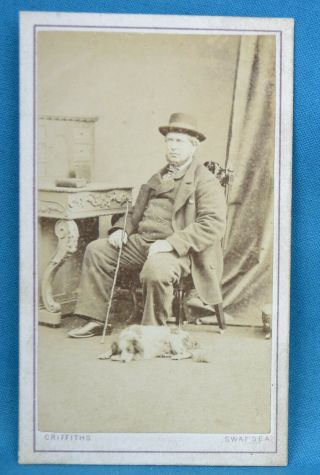 Charming 1860/70s Cdv Carte De Visite Photo Gentleman With Dog Griffiths Swansea