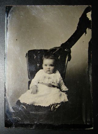 Antique Tintype Photo Cute Baby & Hidden Mothers Spooky Slender Arm On The Right