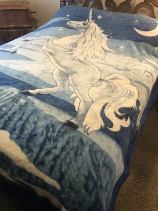 Vtg Biederlack? Unicorn On Blue Blanket Plush Throw High Pile Large 82” X 90”