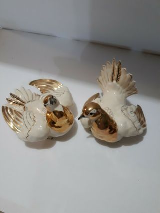 Two Vintage Kay Finch Signed Dove Bird Figurines California Pottery White / Gold