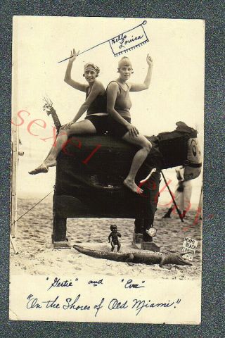 Miami Beach Florida Gals Pose On Prop Donkey - Circa 1920 Rppc Photo Grade 3