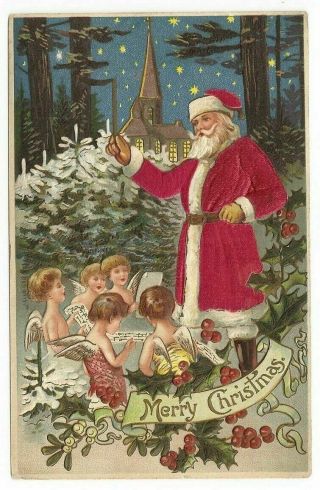Christmas Silk Santa Claus With Cherubs Angels Holly Winter Scene Postcard - M99