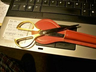 Vintage Gold Sewing Scissors.  Unimart Solingen Germany LEATHER SHEATH 2
