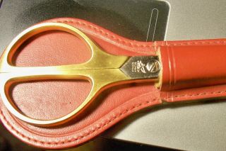 Vintage Gold Sewing Scissors.  Unimart Solingen Germany LEATHER SHEATH 3