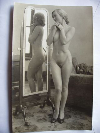 Vintage Photograph,  Young Nude Woman Posing In Front Of Mirror.