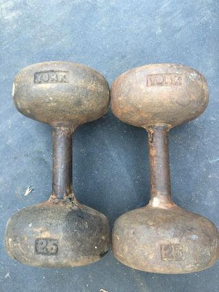 Pair Vintage 25lb York Barbell Bun Roundhead Dumbbells