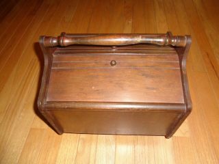Vintage Wood Sewing Box - 2 Top Doors - Etched Handle -