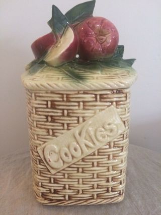 Vintage Mccoy Pottery Apple On Basket Weave Cookie Jar,  1 Chip,  No Cracks