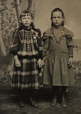 Antique American Two Young School Girls Hold Hands Lovely Dresses Tintype Photo