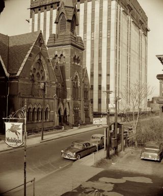 1950s Era Photo Negative Car Street Scene Mobil Gas Sign Downtown City Haven