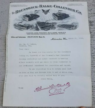 1918 Brunswick Balke Collender Co Billiards And Regulation Bowling Alleys Letter
