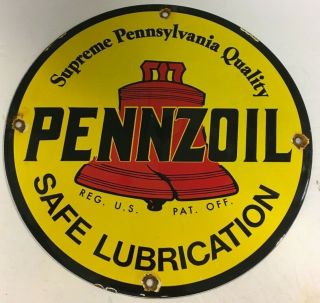Vintage Pennzoil Safe Lubrication Gasoline / Motor Oil Porcelain/ Metal Sign