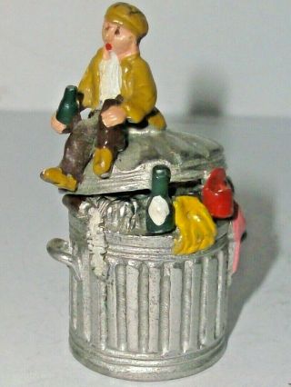 An Unusual Pewter Thimble - - A Little Boy On Top Of A Dustbin - - With Opening Lid