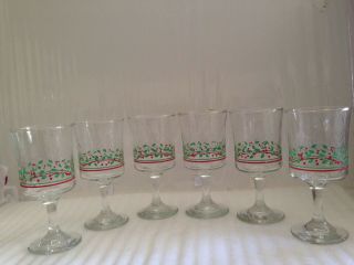 6 Arbys Christmas Holiday Holly Berry Glasses Wine Goblets W/ Swirls Libbey Vtg