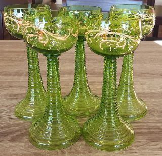 Antique Vintage Ribbed Hooped Enamel Floral Roemer Glass Goblet Set Of 5