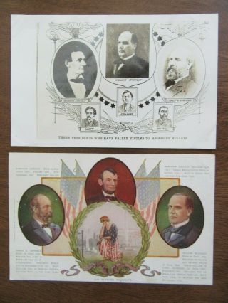 Abraham Lincoln James Garfield William Mckinley On 2 Post Cards Assassinated