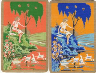 247 2 (pair) Vintage Single Playing Swap Cards - Deco Lady Feeding Ducks Rw