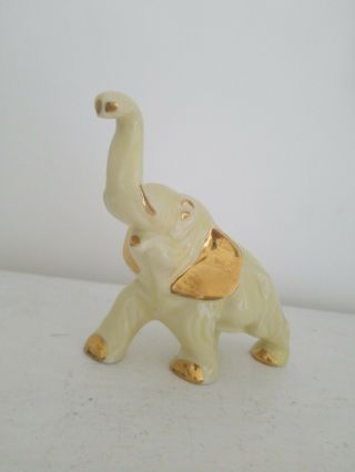 Vintage Yellow Ceramic Elephant Figurine With Gold Trim