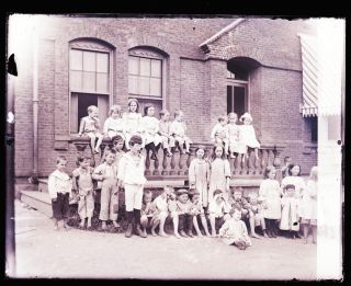 One (1) Late 1800s/early 1900s Glass Negative; Shool House With Class Out Front