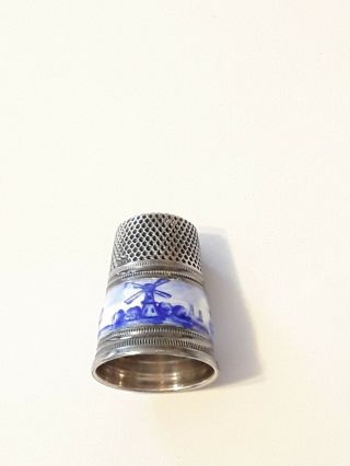 Vintage.  935 Silver Thimble Enamel Band Blue And White Windmill