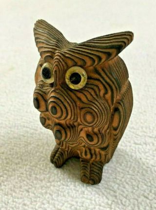 Vintage Mid Century Hand Carved Cryptomeria Wood Owl Glass Eyes Japan 2 1/2 "