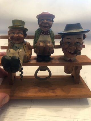 Very Old Anri Carved Wood Bar Set Men On Park Bench Drinking Booze