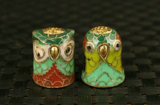 Chinese Old Cloisonne Hand Painting Owl Statue Figure Collectable Thimble