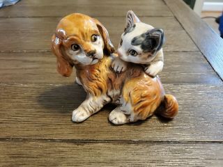 Vintage Enesco Cocker Spaniel Puppy W/kitten Figurine Hand Painted Ceramic Cute