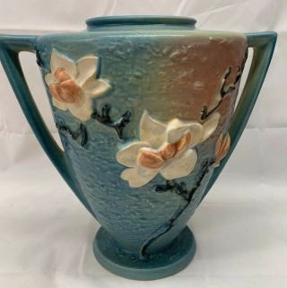 Vintage Roseville Pottery Magnolia Vase 94 - 9 Blue Handles 8.  5 "