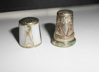 2 Thimbles One Marked " Alpaca " Both Mother Of Pearl Inlay Fancy Hand Sewing