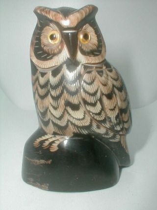 Vintage Sculpture Ooak Buffalo Horn Hand Carved Folk Art Glass Eye Bird Of Prey