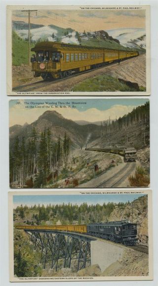 3 1910 - 1920 Era Olympian Milwaukee Road Railroad Train Postcards