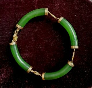 Vintage Chinese 14k Gold Nephrite Jade Linked Bangle Bracelet