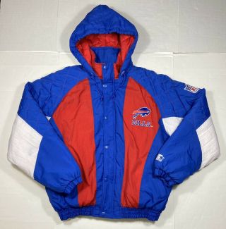 Vintage 90’s Buffalo Bills Starter Puffer Jacket Men’s Xl Nfl Parka Coat Hood