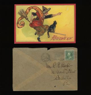 Old 1910 Halloween Witch On Broom Postcard W/ Envelope Tuck & Sons Series 174