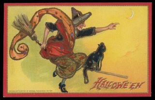 Old 1910 Halloween Witch on Broom Postcard w/ Envelope TUCK & Sons Series 174 2
