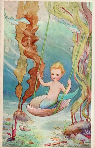 Vintage Folded Birthday Greeting Card: Mermaid On A Shell Swing Hester Margetson
