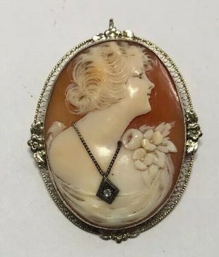 Vintage 14k Yellow Gold Cameo Large Oval Brooch Pendant With Diamond