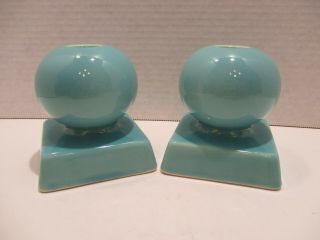 Pair Vintage Aqua Colored Ceramic Ball Shaped Taper Candle Holders W Square Base