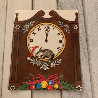 Vintage Greeting Card Christmas Brown Clock Cat Kitten