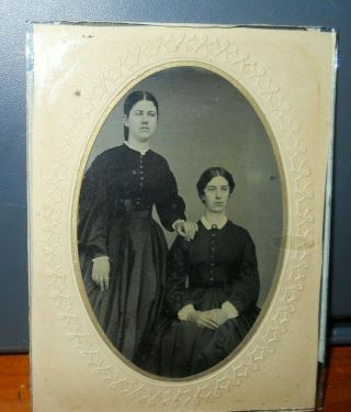 Quarter Plate Tintype Of Two Sisters,  Paper Mat And Cover Glass