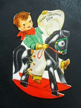 Vintage Hallmark Christmas Card Little Cowboy Chaps Hat Rocking Horse Red Scarf