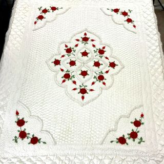 Vintage Ivory Rose Print Quilt Floral Bedspread Trim Queen 2 Shams 99 " X 100 "